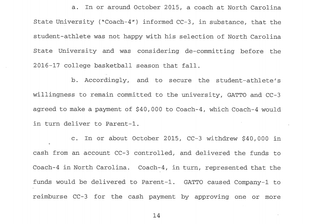 Federal documents allege that at least one North Carolina State coach knew of payment scheme.