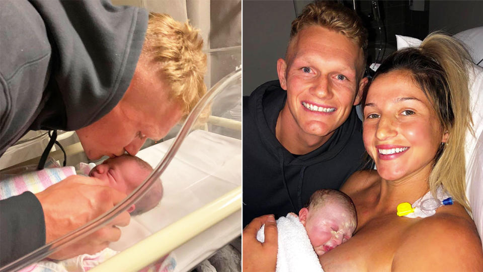 Pictured here, Adam Treloar and his partner Kimberley with their baby girl Georgie.