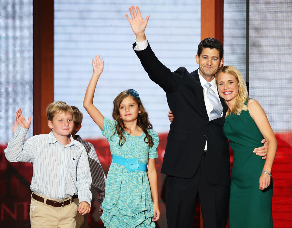 Republican vice presidential candidate, U.S. Rep. Paul Ryan (R-WI) waves with his family, daughter, Liza Ryan, sons, Charlie Ryan (L) and Sam Ryan and wife, Janna Ryan during the third day of the Republican National Convention at the Tampa Bay Times Forum on August 29, 2012 in Tampa, Florida. Former Massachusetts Gov. Mitt Romney was nominated as the Republican presidential candidate during the RNC, which is scheduled to conclude August 30. (Photo by Mark Wilson/Getty Images)