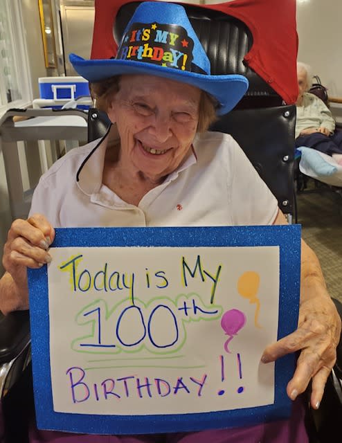 Millie Erickson celebrates her 100th birthday thanks to loving family and nursing home staff members. (Photo: Sterling Village)