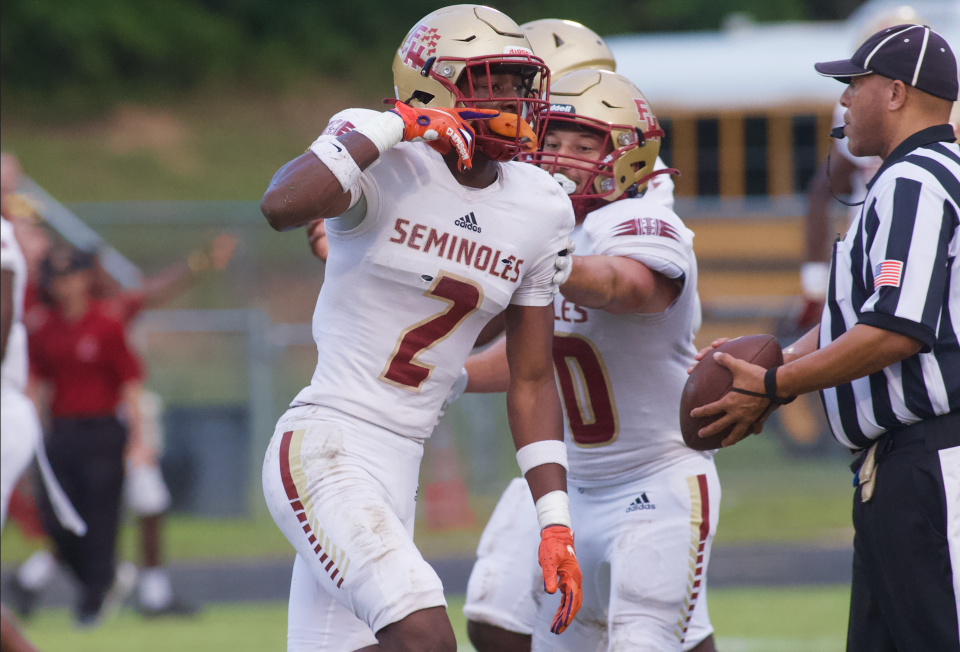 Florida High senior defensive back Ashton Hampton (2) celebrates a tackle in a game between Florida High and Gadsden County on Sep.15, 2023, at Gadsden County High School. The Seminoles won, 45-22.