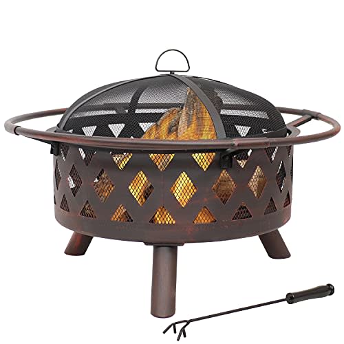 Sunnydaze 30-Inch Bronze Crossweave Wood-Burning Fire Pit - Includes Spark Screen, Fireplace Poker, and Round Cover