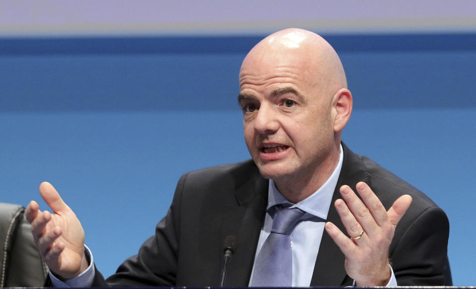 FILE - UEFA Secretary General Gianni Infantino speaks during a news conference at the end of the 39th Ordinary UEFA Congress in Vienna, Austria, on March 24, 2015. The last 32-team World Cup will be the shortest in this era. There are just 28 days from starting on Nov. 21 in Qatar to finishing on Dec. 18. And only 25 days to play seven games if a team from Groups G or H – like Brazil or Portugal – is to reach the final after opening on Nov. 24. (AP Photo/Ronald Zak, File)