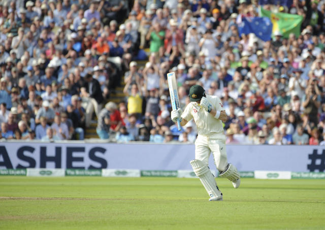 Australia's Steven Smith runs his way to a century during day one of the first Ashes Test cricket match between England and Australia at Edgbaston in Birmingham, England, Thursday Aug. 1, 2019. (AP Photo/Rui Vieira)