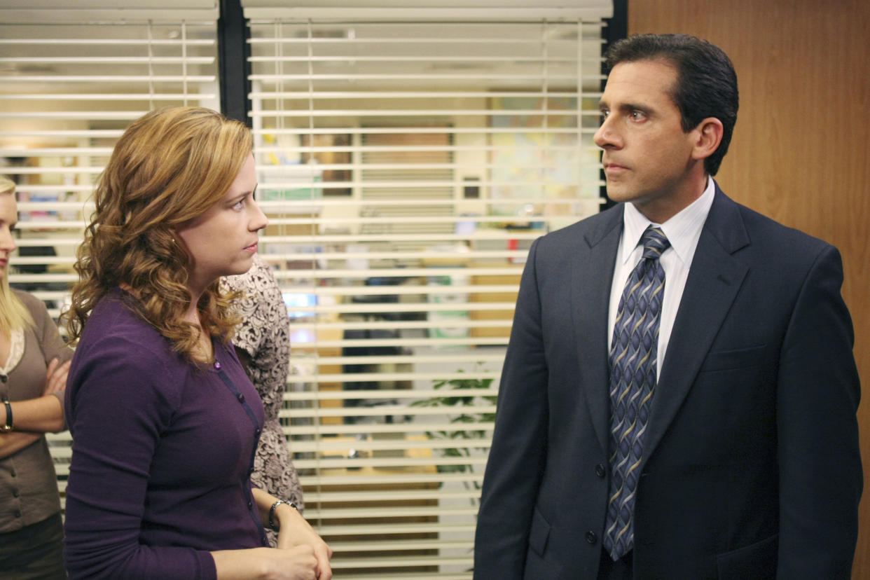 Jenna Fischer and Steve Carell in character during the "Launch Party" episode of "The Office." Fischer finally revealed what was said in their iconic goodbye scene. (Photo: Justin Lubin/NBC via Getty Images)