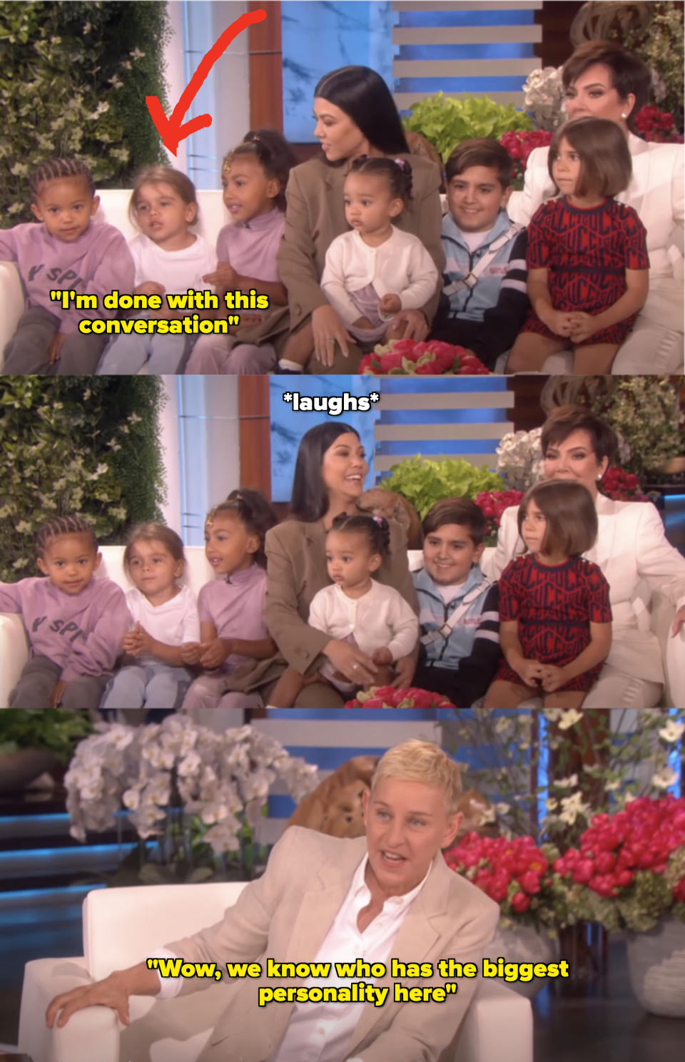 Kim Kardashian and Kris Jenner with children North, Saint, Chicago West, and Dream Kardashian sit on a talk show couch. Ellen DeGeneres smiles from her chair