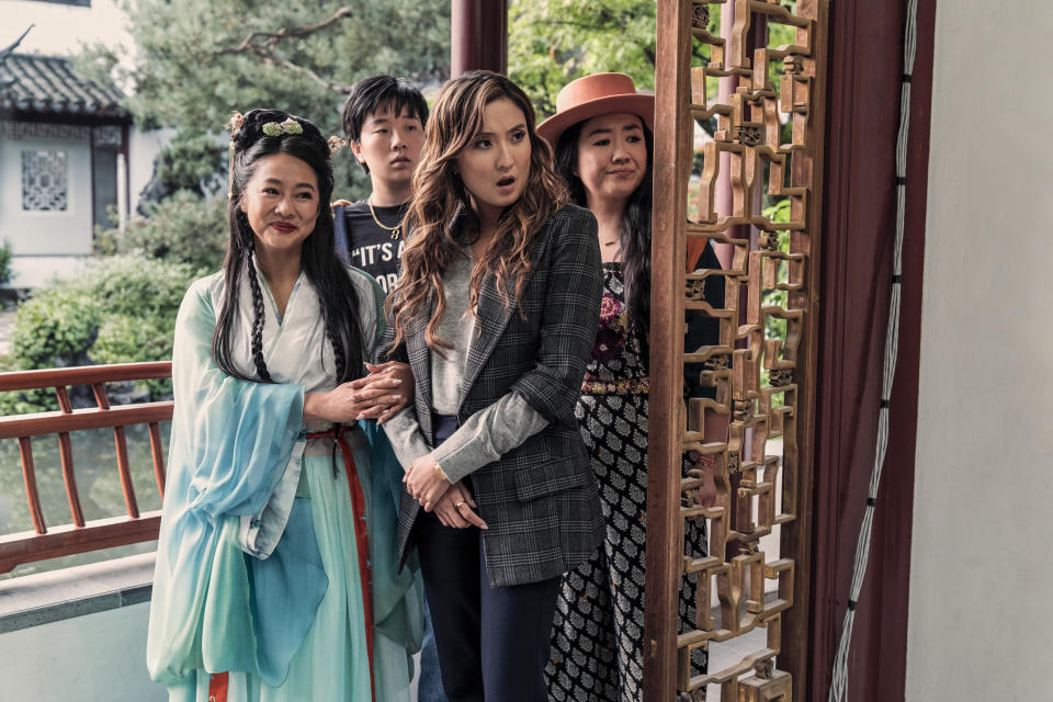 Stephanie Hsu as Kat, Sabrina Wu as Deadeye, Ashley Park as Audrey, and Sherry Cola as Lolo in 