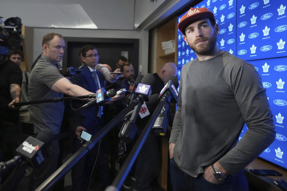 Toronto Maple Leafs center Ryan O'Reilly speaks to media during an end-of-season availability in Toronto, on Monday, May 15, 2023. The Maple Leafs were eliminated from the NHL playoffs by the Florida Panthers on Friday. (Nathan Denette/The Canadian Press via AP)