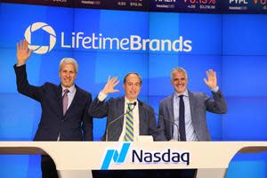 Chief Executive Officer Rob Kay, Chief Financial Officer Larry Winoker, and President Daniel Siegel ring the closing bell for the Nasdaq Stock Market in celebration of Lifetime Brands, Inc.'s 30th anniversary as a public company