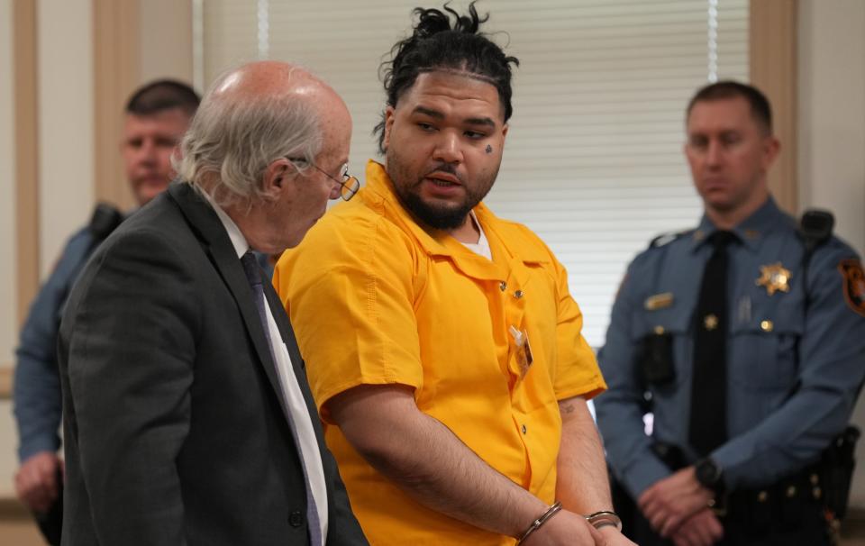 Defense attorney Joel Harris with Edwin Urbina during the sentencing of Urbina for the murder of a three year old boy in 2021 was held in the Morris County Courthouse in Morristown, NJ on March 16, 2023.