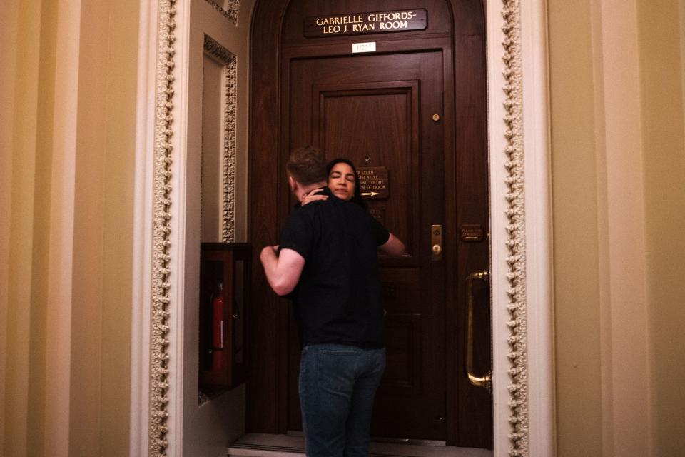 Roberts kisses Ocasio-Cortez goodbye outside of the Democratic members cloak room. There is a snack bar, but he doesn’t like the coffee.