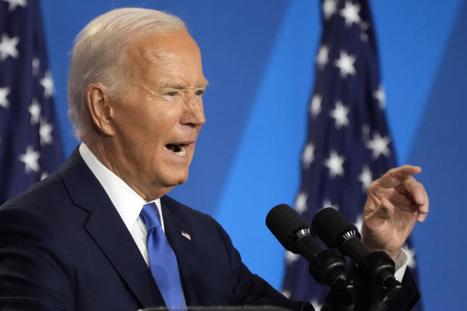 President Joe Biden speaks at a news conference Thursday July 11, 2024, on the final day of the NATO summit in Washington. (AP Photo/Jacquelyn Martin)