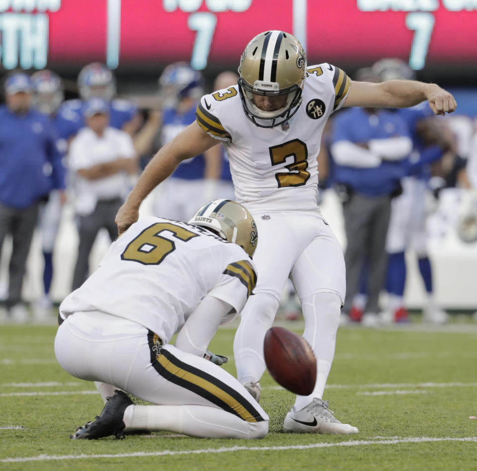 New Orleans Saints kicker Wil Lutz kicks a field goal during the first half of an NFL football game against the New York Giants, Sunday, Sept. 30, 2018, in East Rutherford, N.J. (AP Photo/Julio Cortez)