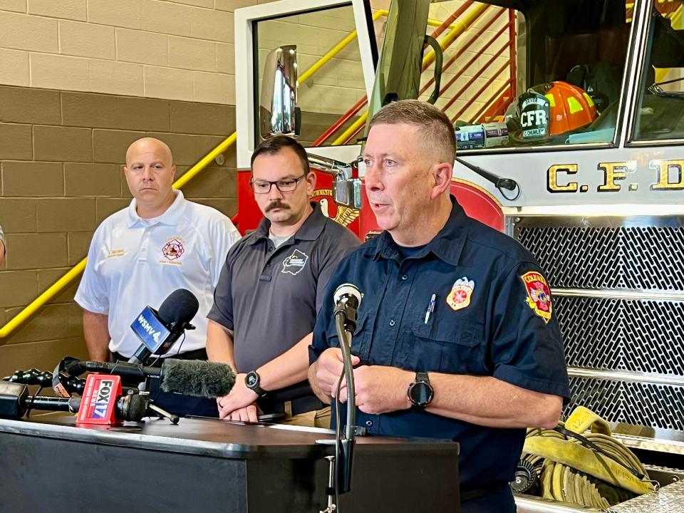 Columbia Fire Chief addresses media during a press conference Thursday, urging citizens to avoid affected areas of Bear Creek Pike and U.S. Highway 31 following Wednesday's storms, which resulted in a tornado in Columbia.