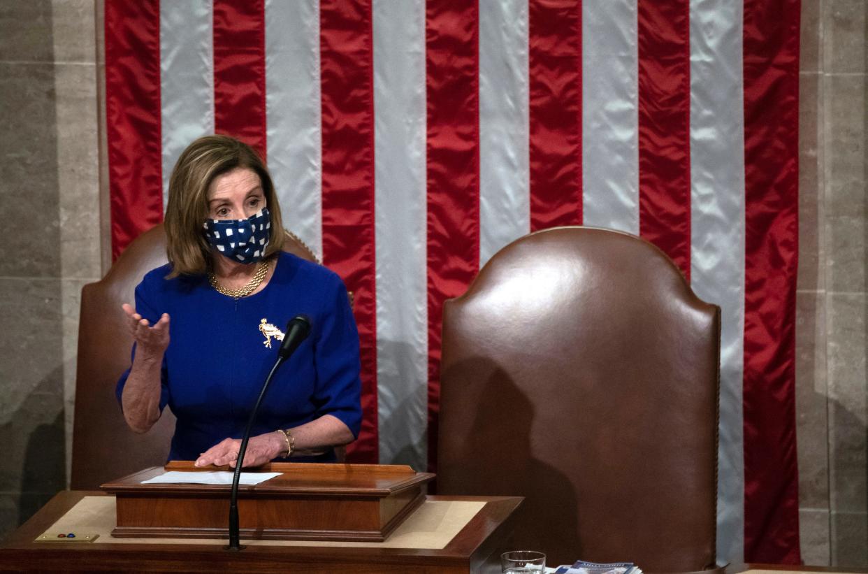 House Speaker Nancy Pelosi, D-Calif., speaks in the House chamber after they reconvened for arguments over the objection of certifying Arizona’s Electoral College votes in November’s election.