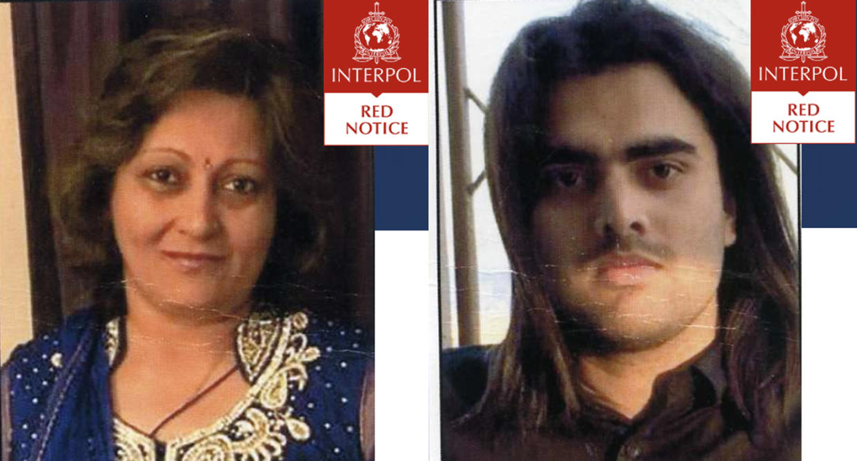 Arti Dhir (L), 55, and Kaval Raijada, 30,are wanted in India for the murder of their adopted son (Picture: Interpol)