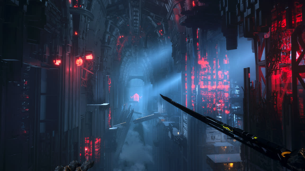  Ghostrunner 2 level design; a long dark corridor. 
