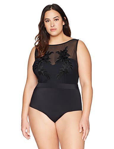 High-Neck Mesh Embroidered One-Piece Swimsuit
