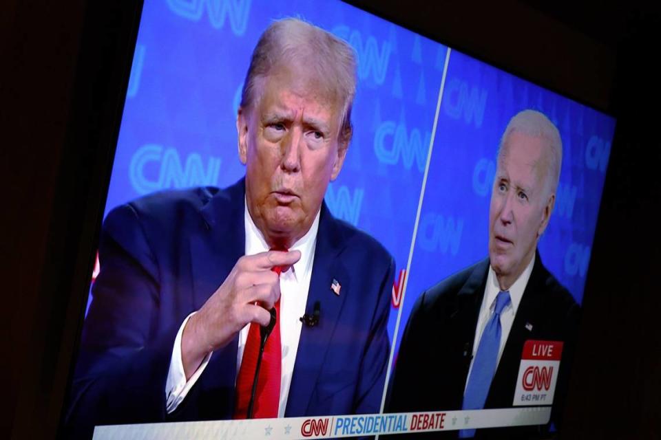 The first 2024 presidential debate is seen on TV between President Joe Biden and Republican presidential candidate and former President Donald Trump, hosted by CNN, in Atlanta on Thursday, June 27, 2024.
