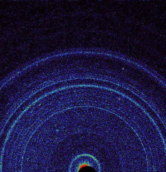 This image shows results of the first analysis of Martian soil by the Curiosity rover's CheMin instrument, revealing the presence of crystalline feldspar, pyroxenes and olivine mixed with some non-crystalline material. The colors in the graphic