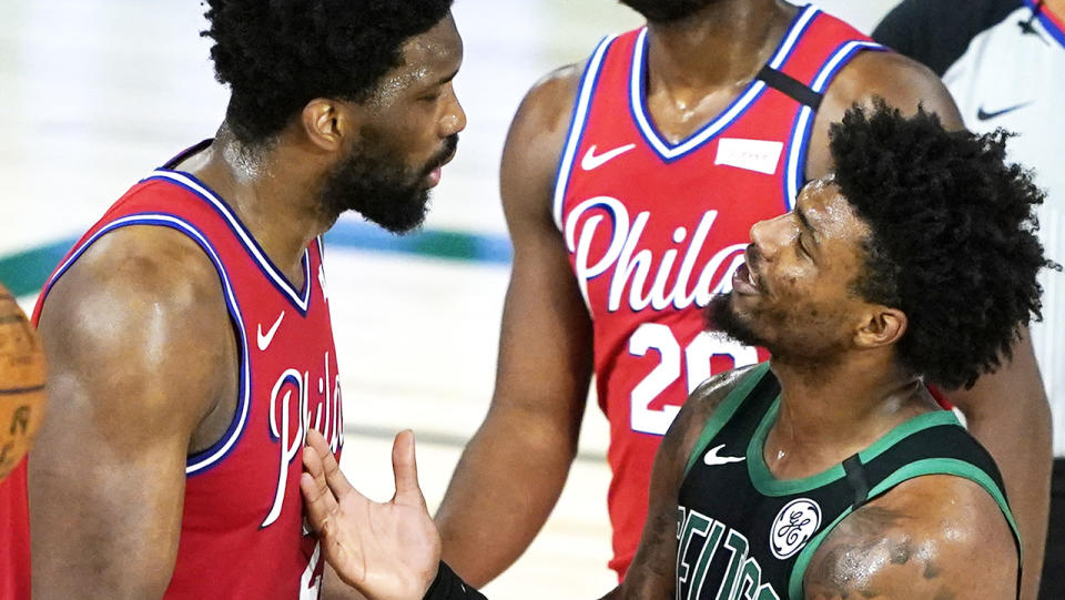 Philadelphia's Joel Embiid was frustrated after struggling against the Boston Celtics in the fourth quarter, with Aussie star Ben Simmons sidelined. (Photo by Ashley Landis - Pool/Getty Images)