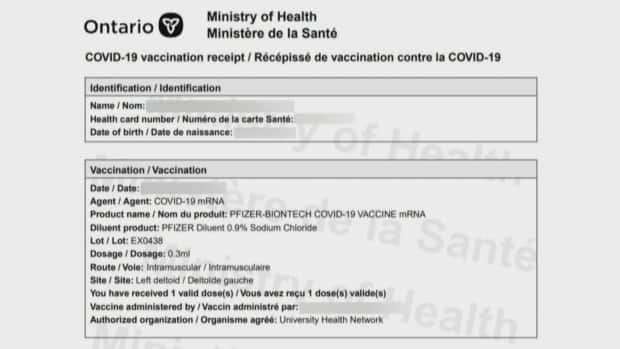 An example of an Ontario vaccine certificate. The province's proof of vaccination system comes into effect on Wednesday. (CBC - image credit)