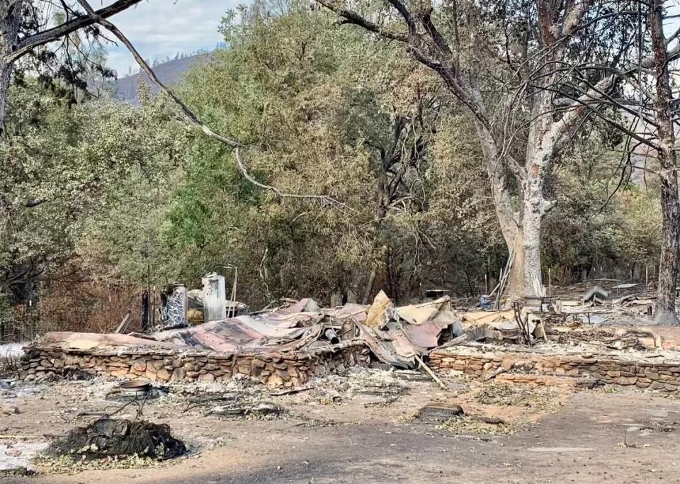 A cabin destroyed by the 2022 Oak Fire at the Rocking Lazy DJ Bar Ranch off Triangle Road, east of Mariposa.