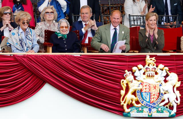<p>Max Mumby/Indigo/Getty </p> (From left) Penelope Knatchbull, Queen Elizabeth, Prince Edward and Sophie, Duchess of Edinburgh at the Royal Windsor Horse Show at Home Park, Windsor Castle on May 13, 2022.