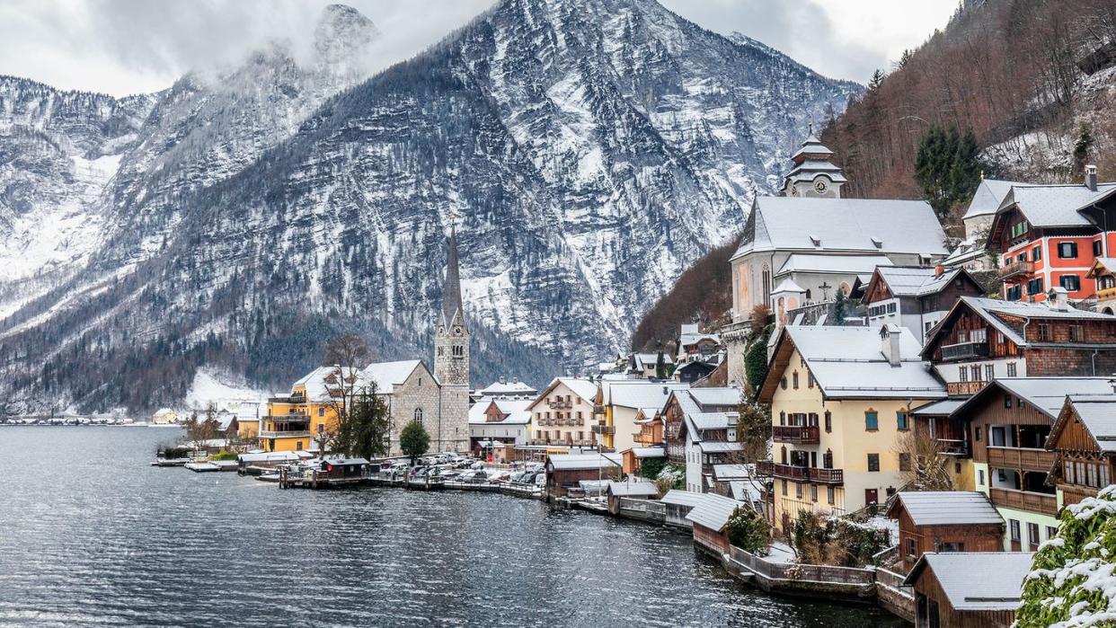 scenic picture postcard view of famous hallstatt mountain village in the austrian alps