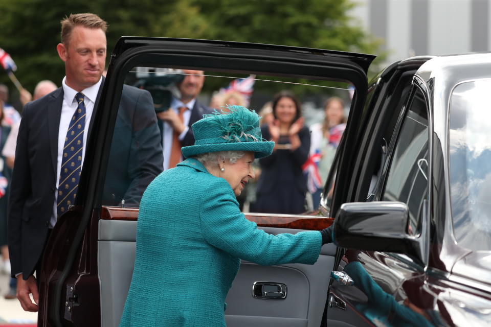 Britain's Queen Elizabeth II leaves after visiting the set of the long running television series Coronation Street, in Manchester, England, Thursday July 8, 2021. (AP Photo/Scott Heppell)