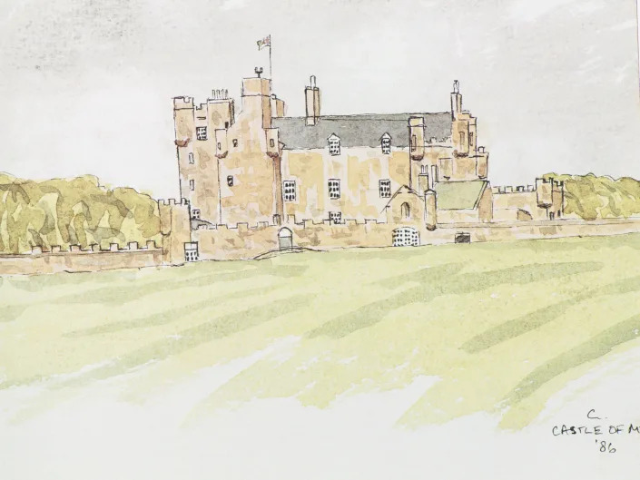 A watercolor of Castle Mey, which used to be the home of the Queen Mother, 1986.