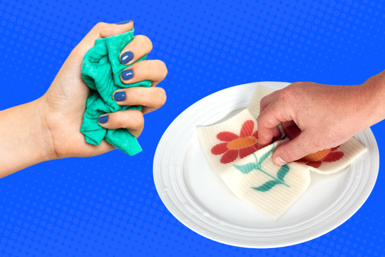 hand squeezing a teal Swedish dishcloth and another hand using a floral-print cloth to clean a plate