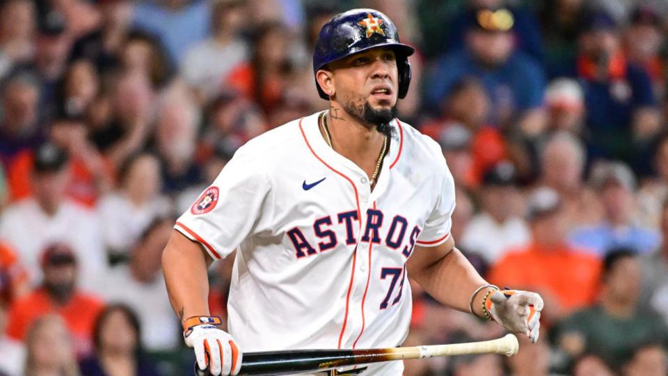 <div>HOUSTON, TEXAS - APRIL 17: José Abreu #79 of the Houston Astros bats against the <a class="link " href="https://sports.yahoo.com/mlb/teams/atlanta/" data-i13n="sec:content-canvas;subsec:anchor_text;elm:context_link" data-ylk="slk:Atlanta Braves;sec:content-canvas;subsec:anchor_text;elm:context_link;itc:0">Atlanta Braves</a> at Minute Maid Park on April 17, 2024 in Houston, Texas. (Photo by Logan Riely/Getty Images)</div>