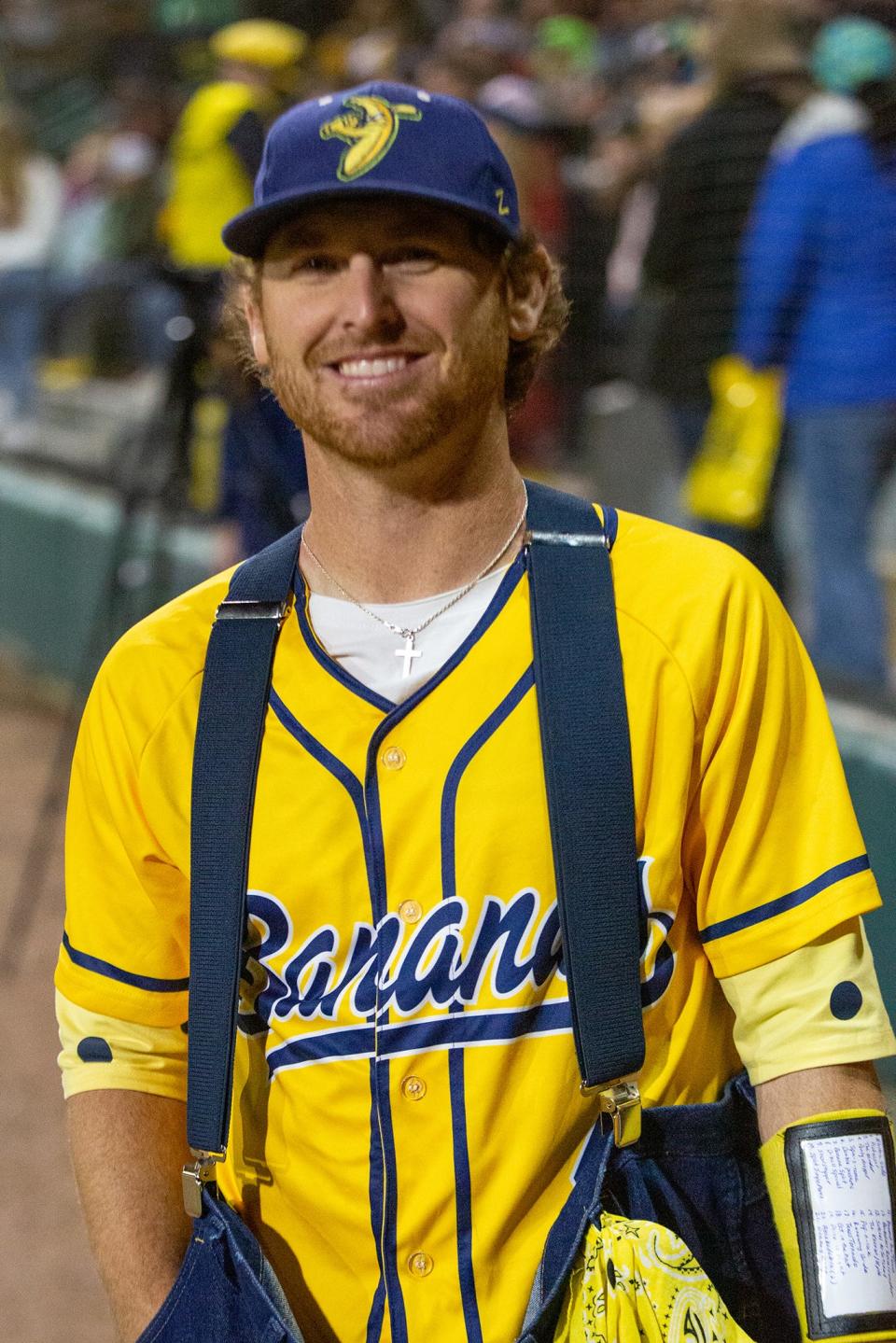 Mat Wolf, 34, of Joy, Oklahoma, is a right-handed pitcher and infielder for the Savannah Bananas Premier Team. He is pictured before the game against the Party Animals on Saturday, March 12, 2022, at Grayson Stadium.