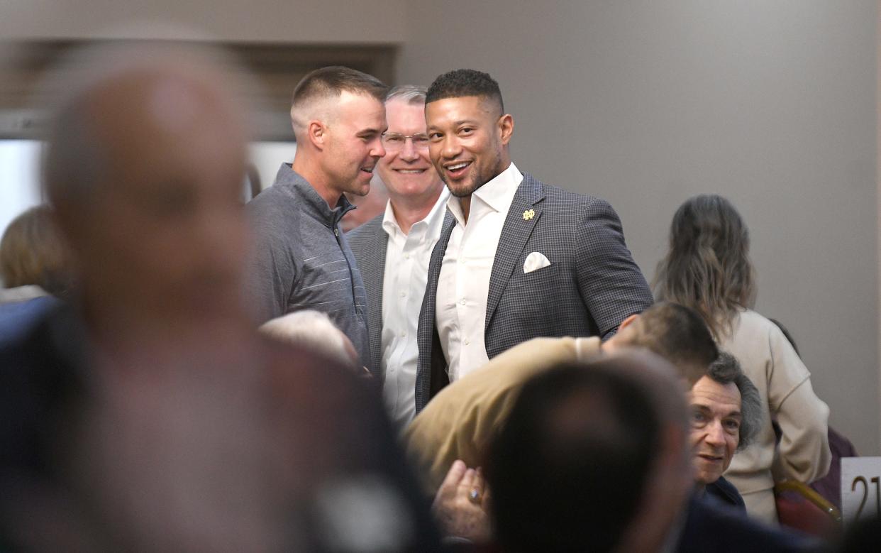University of Notre Dame Head Football Coach Marcus Freeman is greeted when he joined the Notre Dame Club of Canton for an event at Massillon Eagles Post 190 Tuesday, May 07, 2024.