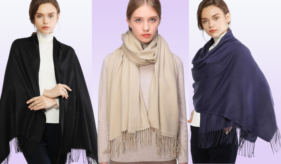 woman wearing black shawl, beige scarf, and navy wrap