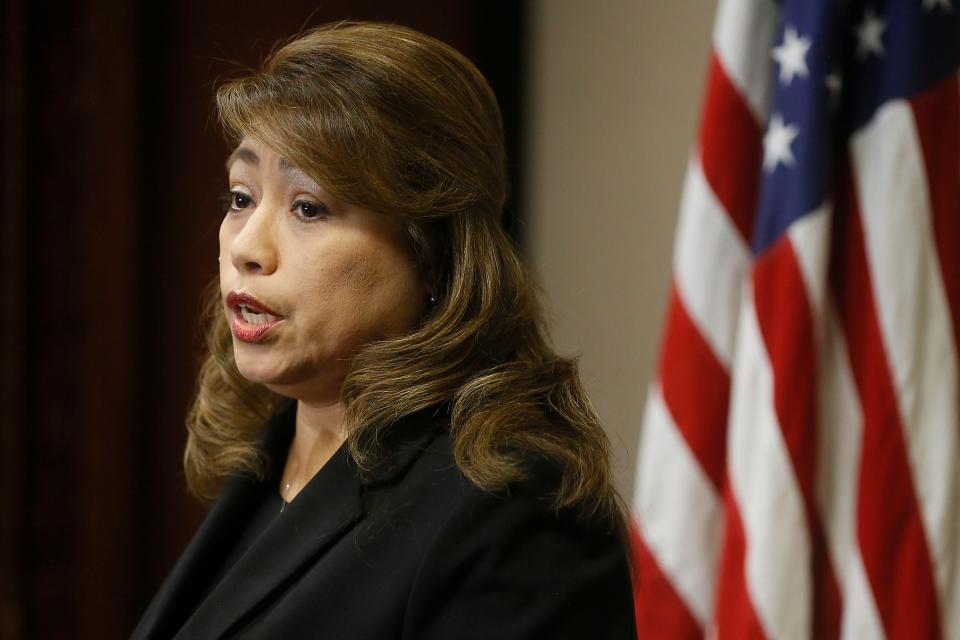 El Paso District Attorney Yvonne Rosales holds a press conference on the Walmart shooter's trial Thursday, July 29, 2021, at the El Paso County Courthouse. Rosales said they still plan to pursue the death penalty and have the trial in El Paso.