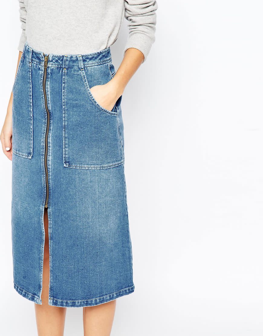 <p>ASOS Denim Midi Skirt With Zip Front, $57.33, <a href="http://www.asos.com/ASOS/ASOS-Denim-Midi-Skirt-With-Zip-Front/Prod/pgeproduct.aspx?iid=5559885&cid=17014&sh=0&pge=4&pgesize=36&sort=-1&clr=Indigo&totalstyles=852&gridsize=3&featureref1=women&featureref2=features&featureref3=denim" rel="nofollow noopener" target="_blank" data-ylk="slk:asos.com;elm:context_link;itc:0;sec:content-canvas" class="link ">asos.com</a><br><br></p>