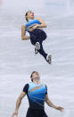 Canada's Lori-Ann Matte and Thierry Ferland perform during the pairs short program of the ISU World Team Trophy figure skating competition in Osaka, western Japan, Friday, April 16, 2021. (AP Photo/Hiro Komae)