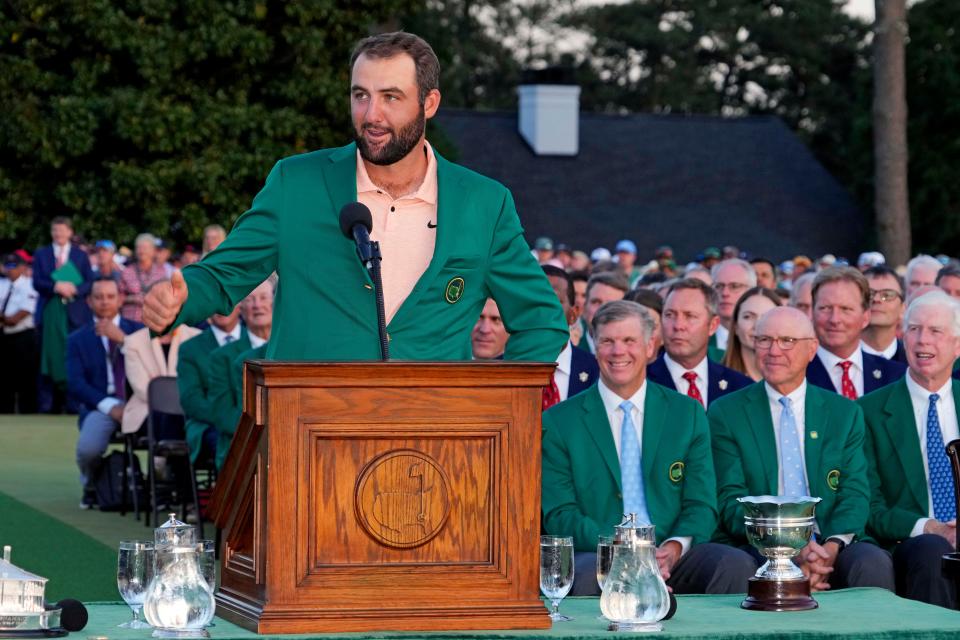 Scottie Scheffler speaks during the trophy ceremony after winning the 2024 Masters Tournament. (Photo: Michael Madrid-USA TODAY Sports)