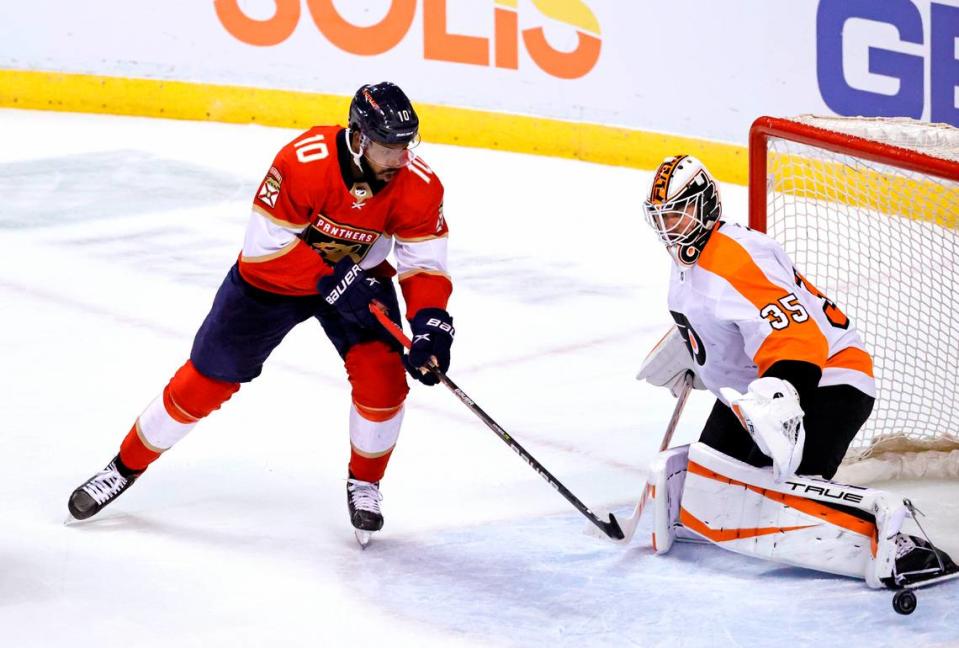 Philadelphia Flyers goaltender Martin Jones (35) blocks a shot by Florida Panthers left wing Anthony Duclair (10) during the second period of an NHL game at the FLA Live Arena on Wednesday, November 24, 2021 in Sunrise, Fl.