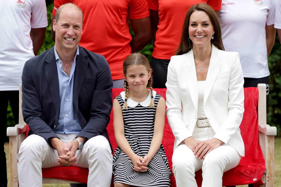 <p>Chris Jackson/Getty </p> Prince William, Princess Charlotte and Kate Middleton at the 2022 Commonwealth Games