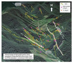 Mapped veins and surface gold values showing the vertical range of mineralization and the location of the four resource potential sections.