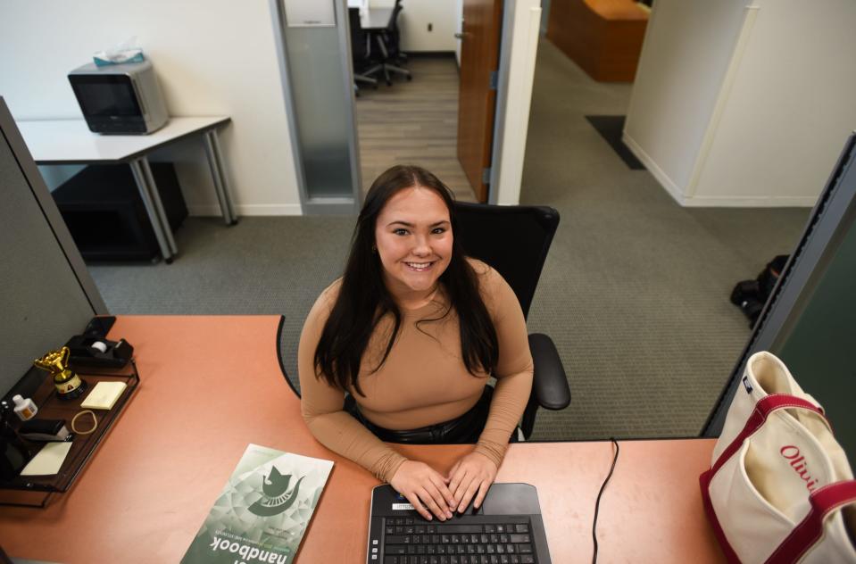 Michigan State University senior Olivia Murray pictured Thursday, April 11, 2024, at the MSU Career Services Network office where she works as a lead marketing and event intern.