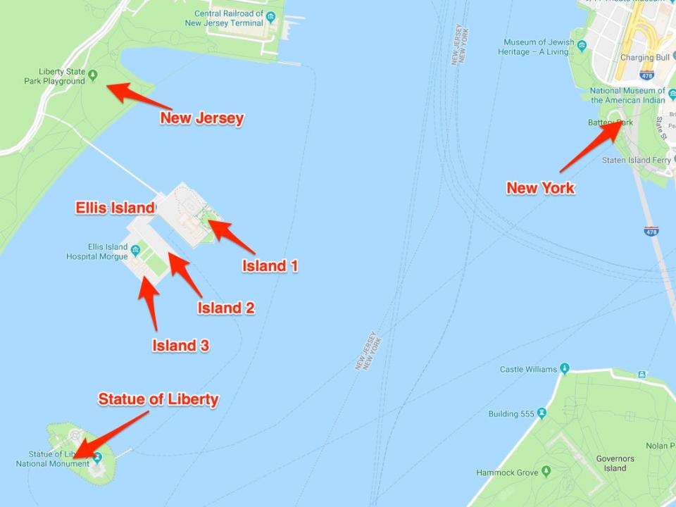 Map of Ellis Island and the surrounding areas with arrows pointing to ellis island, new york, and new jersey