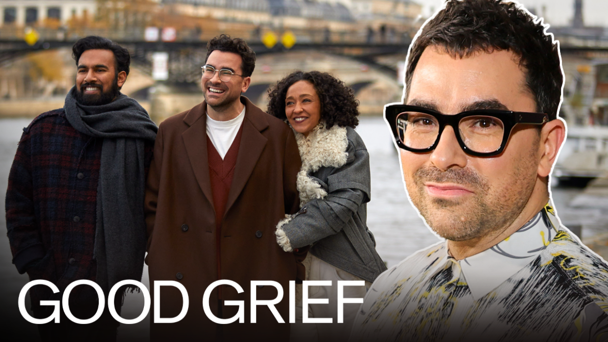  Dan Levy, Himesh Patel and Ruth Negga in Netflix's Good Grief. . 