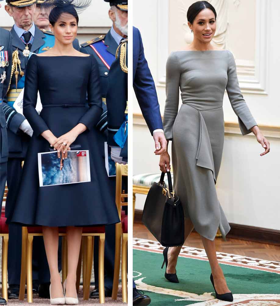 Looks wie diese werden in die Geschichte eingehen: Meghan Markle im nachtblauen Cocktail-Kleid von Dior mit einem dramatischen Fascinator und im grauen Roland-Mouret-Kleid mit schwingendem Glockenrock zu schwarzen Pumps. (Bild: Getty Images)