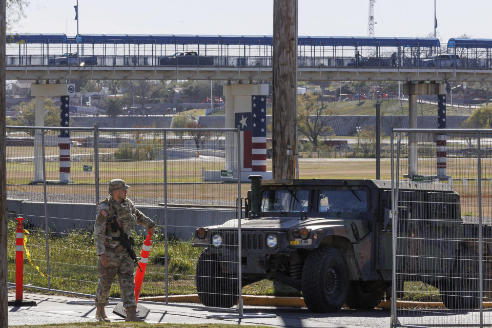 Texas Department of Public Safety officers guard an entrance to Shelby Park on Thursday, Jan. 11, 2024, in Eagle Pass, Texas. The Justice Department on Friday, Jan. 12, asked the Supreme Court to order Texas to stop blocking Border Patrol agents from a portion of the U.S.-Mexico border where large numbers of migrants have crossed in recent months, setting up another showdown between Republican Gov. Greg Abbott and the Biden administration over immigration enforcement. (Sam Owens /The San Antonio Express-News via AP)