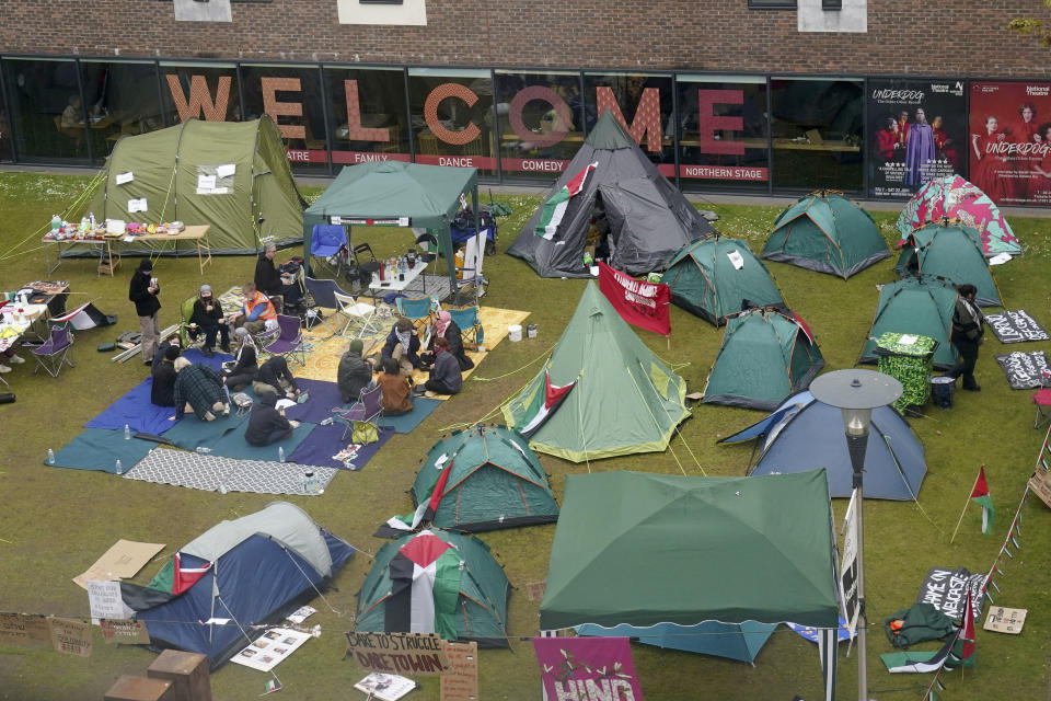 Tents are set up at an encampment on the grounds of Newcastle University in protest against the war in Gaza, in Newcastle, England, Thursday, May 2, 2024.. Students in the Britain, including in Leeds, Newcastle and Bristol, have set up tents outside university buildings, replicating the nationwide campus demonstrations in the US, Thursday, May 2, 2024. (Owen Humphreys/PA via AP)