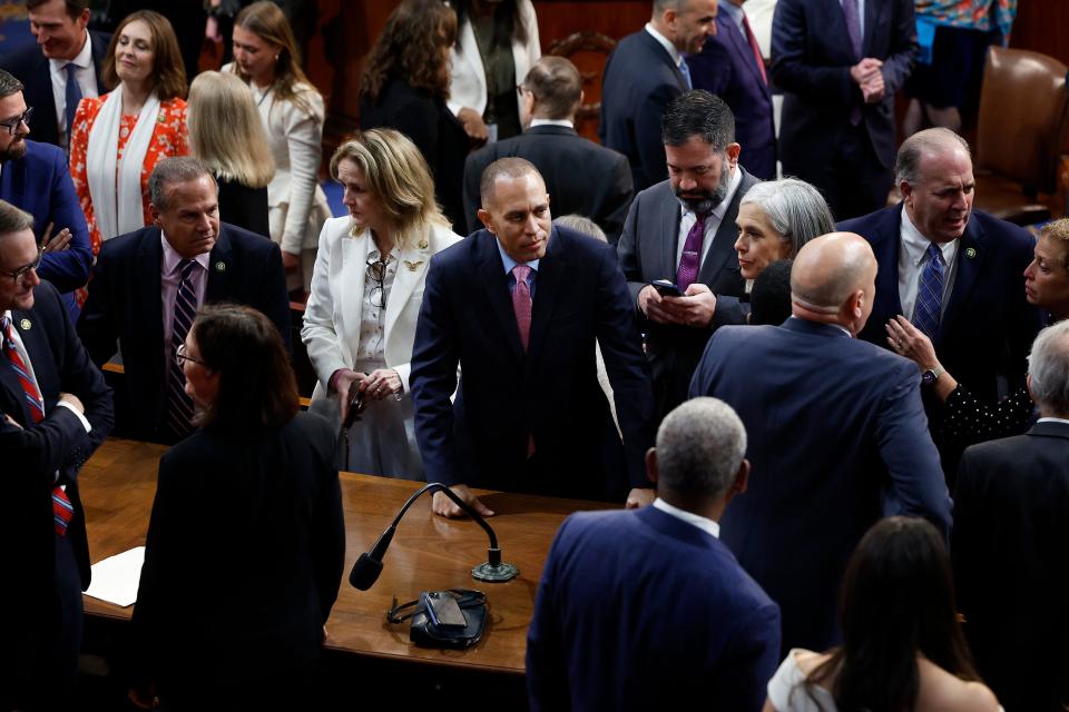 House Minority Leader Hakeem Jeffries (D-NY) (C) and fellow Democrats prepare to leave after the new Congress failed to elect a new Speaker of the House at the U.S. Capitol Building on January 3, 2023 in Washington, DC.